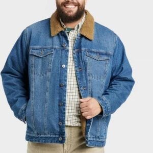 Goodfellow & Co Men's Blue Denim Trucker Jacket With Faux Fur Lining, Large, NWT